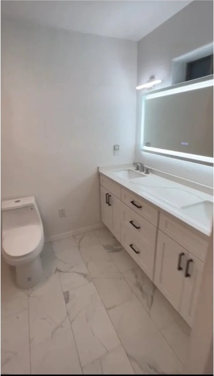 White bathroom remodel with vanity