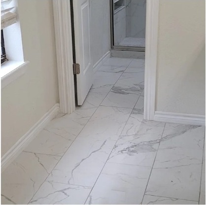White marble-look tile flooring